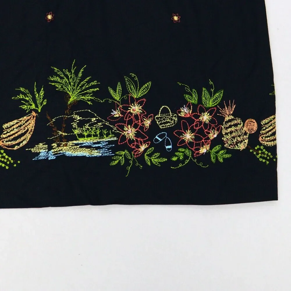 Annex Casual Corner Skirt Sz 1X Black‎ Midi Pull On Hawaiian Fruit Embroidered